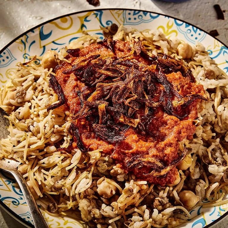 Koshary (Egyptian Rice, Pasta, and Lentil Mix)