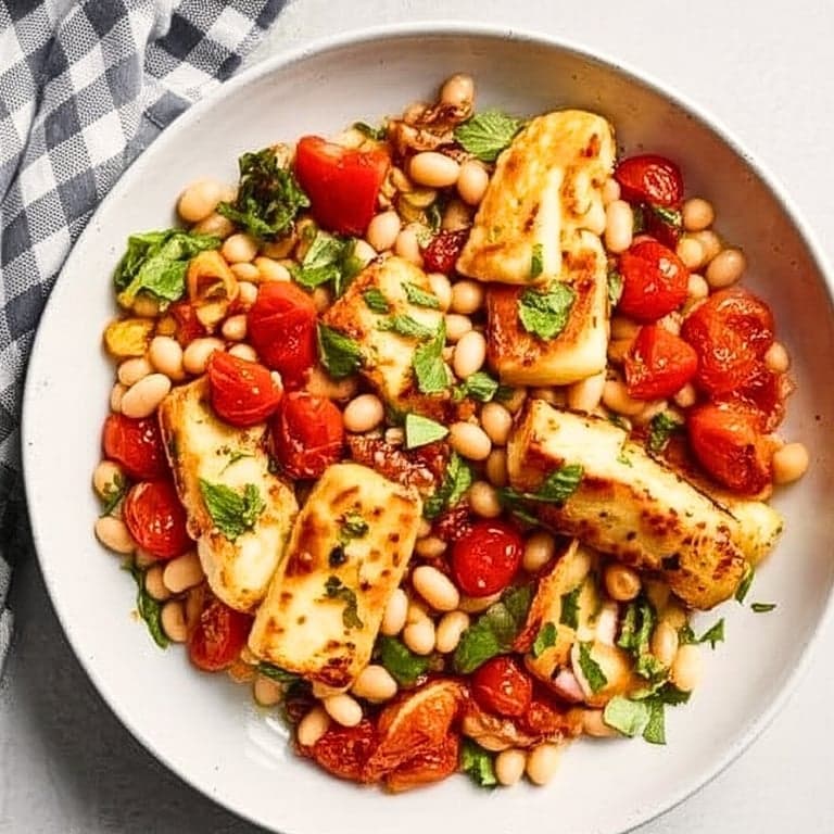 Crispy Halloumi with Tomatoes and White Beans