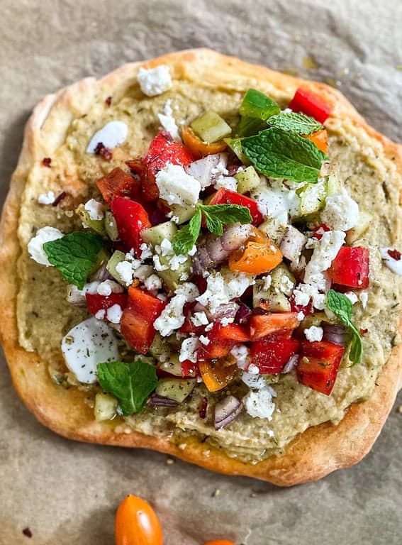 Greek Flatbread with Hummus, Olives, and Feta