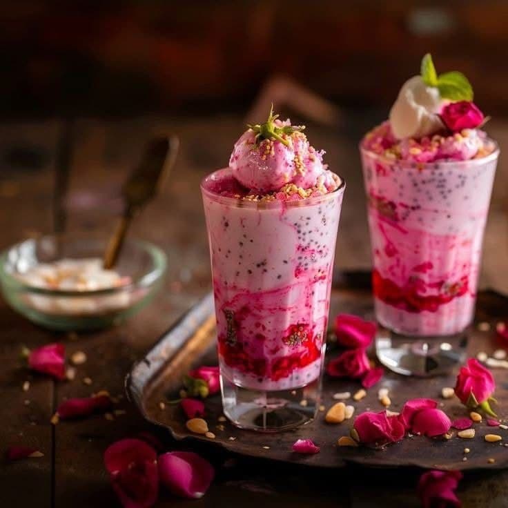 Falooda (Rose Milk Dessert Drink with Vermicelli and Basil Seeds)